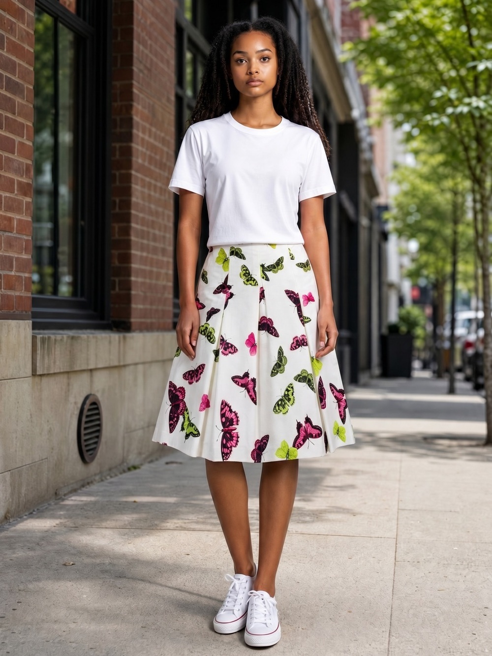Talbots Butterfly Print A-Line Pleated Silk Cotton Blend Skirt Size 8